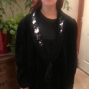 Vintage Black Soft Velveteen-like Robe with Floral embroidery - Medium